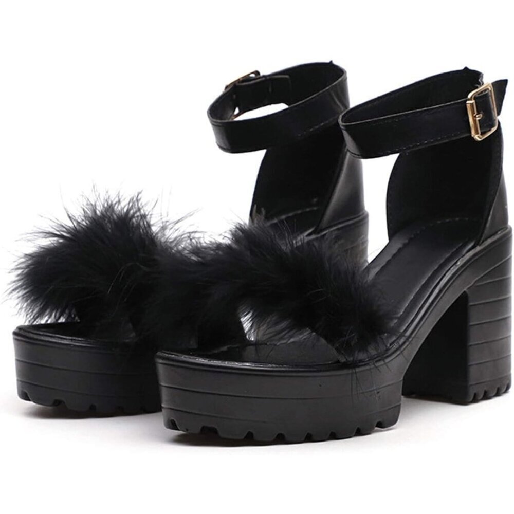 Chunky Platform Ankle buckle Feather embellished heels size 41 or US 9